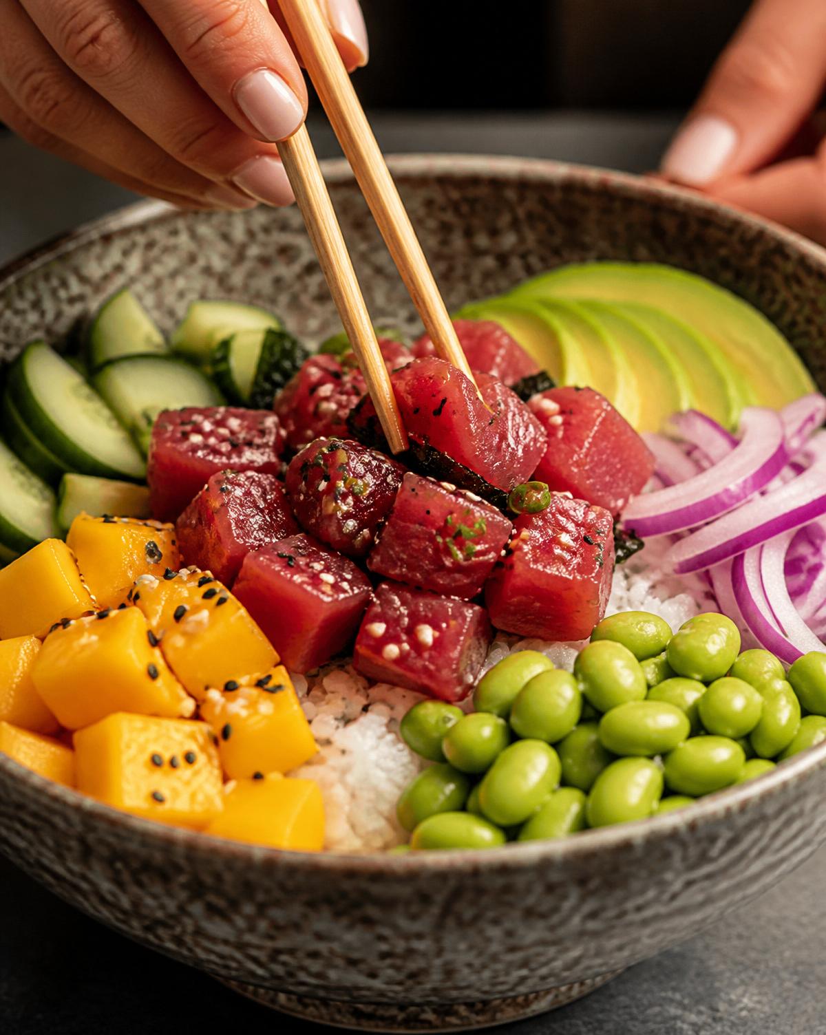 Mani che compongono un poke bowl