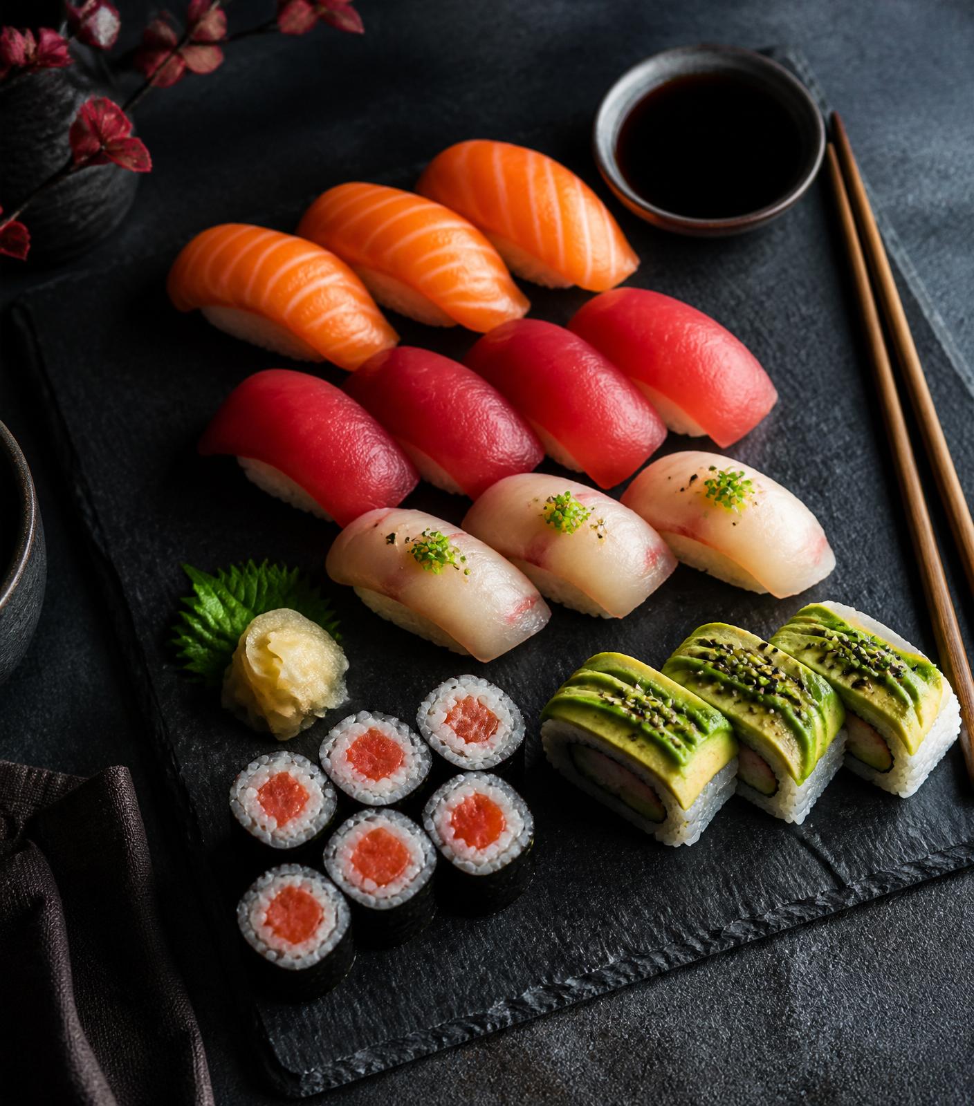 Assortimento di nigiri, maki e sashimi